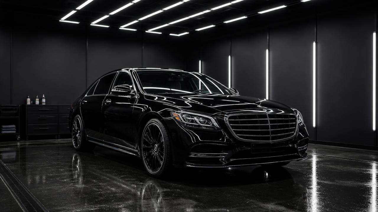 Vollständig aufbereitete schwarze Limousine in der Aufbereitungshalle