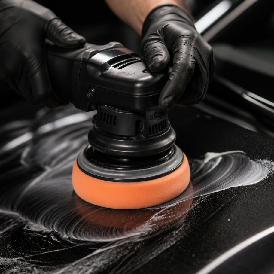 Poliermaschine auf dunklem Fahrzeuglack